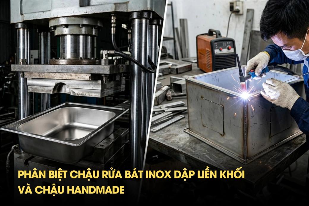 Phân biệt chậu rửa bát inox dập liền khối và chậu handmade